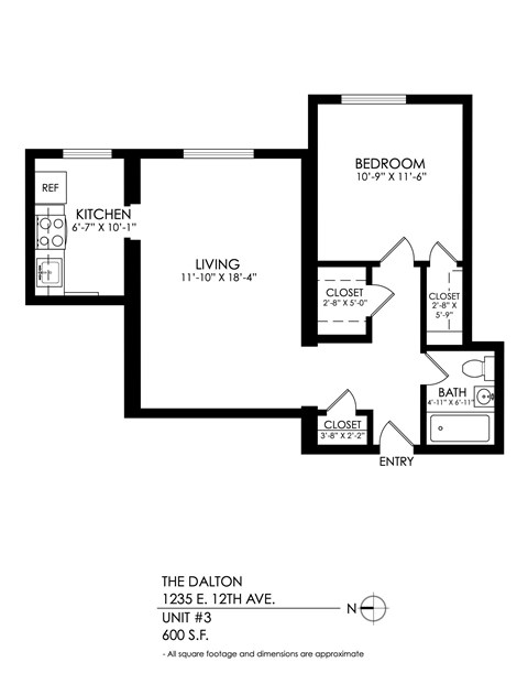 Floor plan for 1 bed, 1 bath, 600 sqft